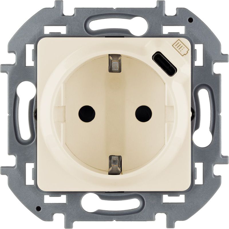 Розетка 1-м СП Inspiria 16А IP20 250В 2P+E немецк. стандарт с заряд. устройством USB тип C 1.5А 5В механизм сл. кость IEK 673771