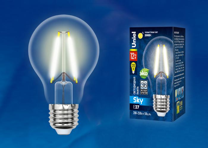 Лампа светодиодная LED-A60-12W/3000K/E27/CL PLS02WH Sky 12Вт A 3000К тепл. бел. прозр. картон Uniel UL-00004866