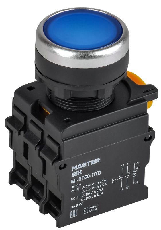 Кнопка d22мм 1НО+1НЗ MASTER с подсветкой и фиксацией син. IEK MI-BT60-11TD-3-11-K07
