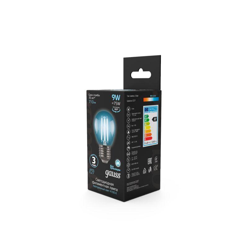 Лампа светодиодная филаментная Black Filament 9Вт P45 шар 4100К нейтр. бел. E27 710лм GAUSS 105802209