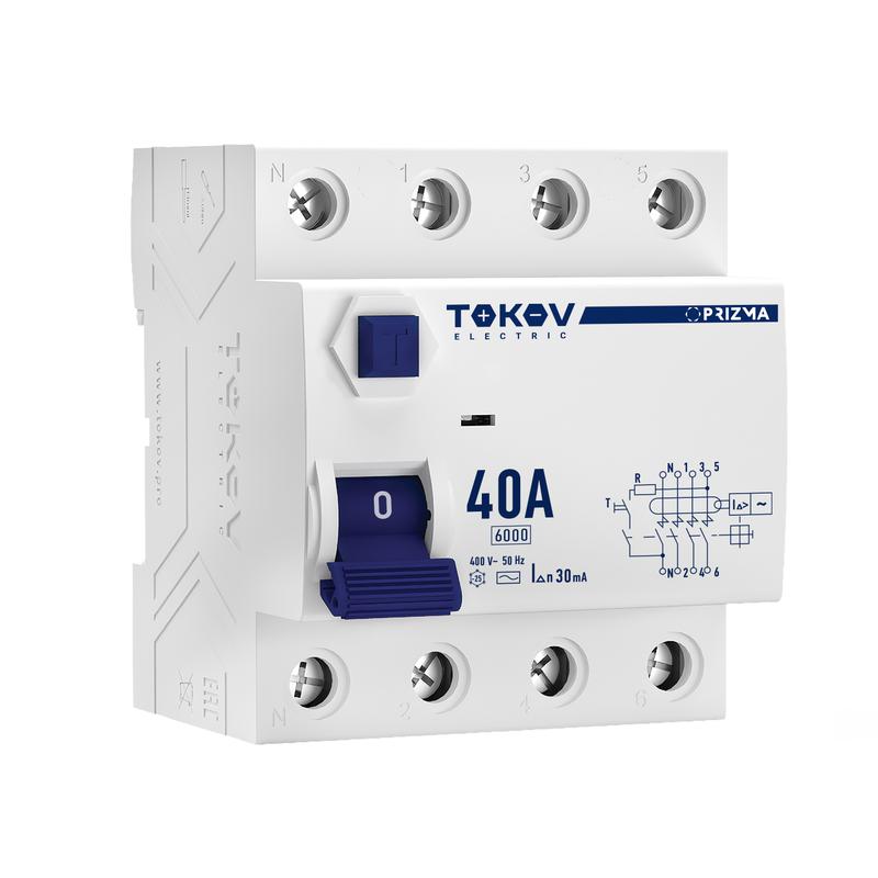 Выключатель дифференциального тока (УЗО) 4п (3P+N) 40А 30мА тип AC 6кА PRIZMA TOKOV ELECTRIC TKE-PZ60-RCDM-4-40-30-AC