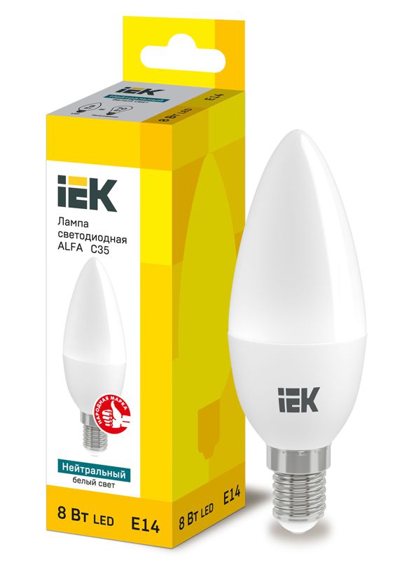 Лампа светодиодная Alfa 8Вт C35 свеча 4000К E14 230В (6шт) IEK LLA-C35-8-230-40-E14-6