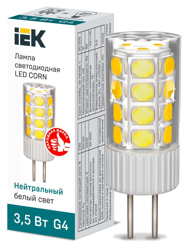 Лампа светодиодная Corn 3.5Вт капсульная 4000К нейтр. бел. G4 230В керамика IEK LLE-Corn-4-230-40-G4